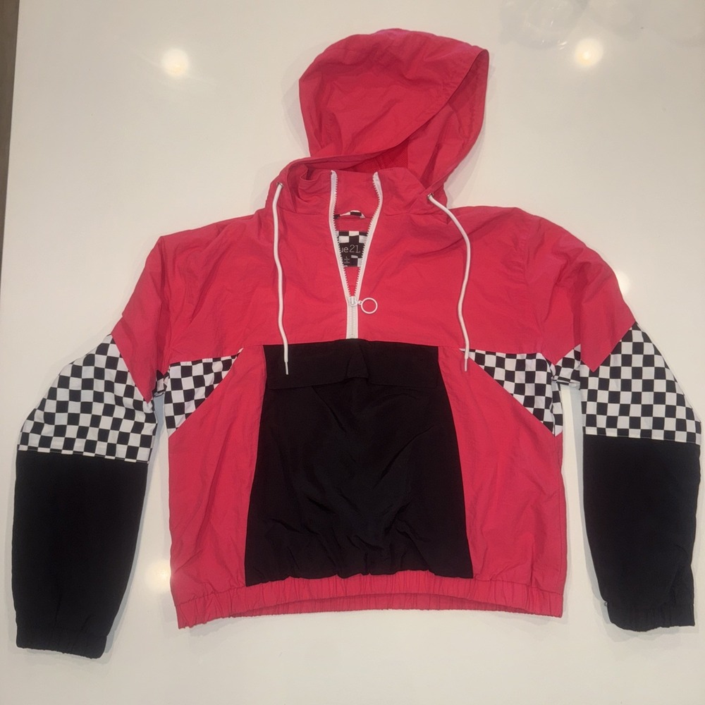Rue 21 Neon Pink Windbreaker Hooded Jacket Size L Racing Stripes Vintage‎ Y2K